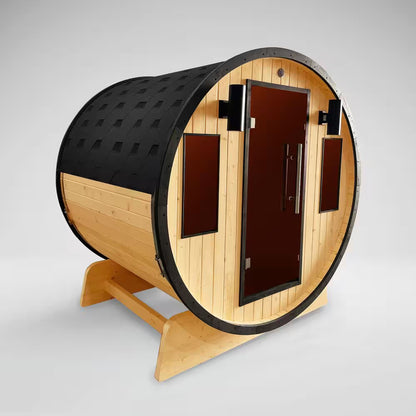 3-Person Capacity Outdoor White Finland Pine Wet/Dry Traditional Barrel Sauna with Black Accents