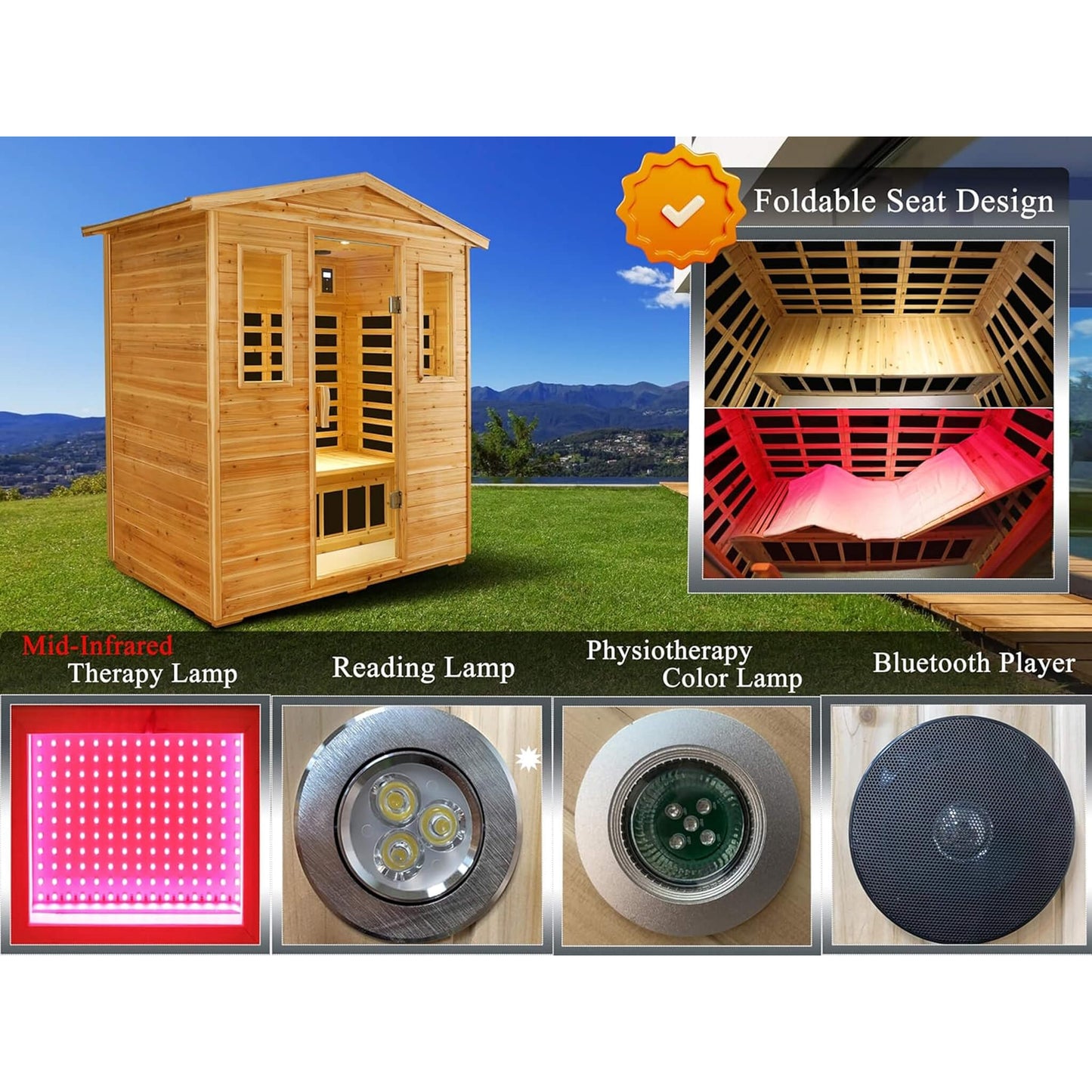 Thermora Deluxe 3-Person Outdoor Full Spectrum Low EMF Infrared Home Sauna With Bluetooth Speakers And LED Reading Light (SAK14098)